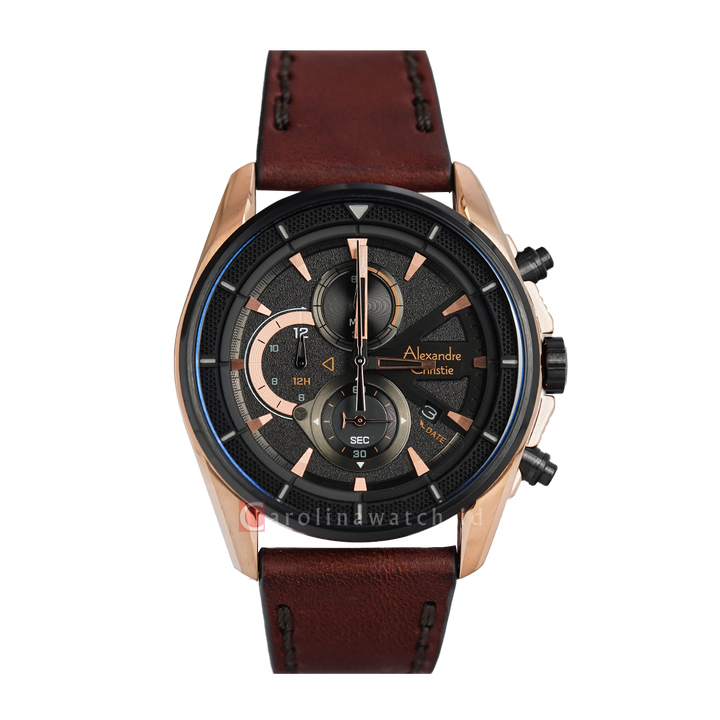 Jam Tangan Alexandre Christie Chronograph AC 6662 MCLBRBA Black Dial Brown Leather Strap