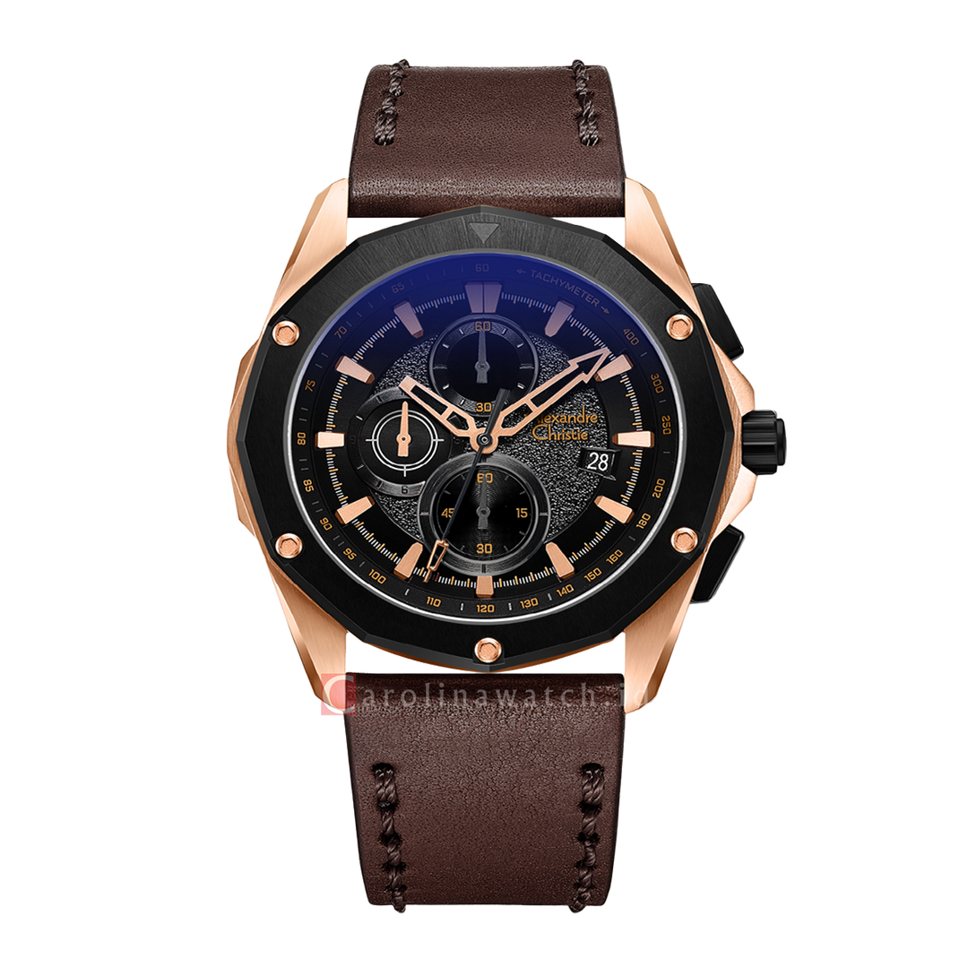 Jam Tangan Alexandre Christie Chronograph AC 6663 MCLBRBA Men Black Glitter Dial Brown Leather Strap