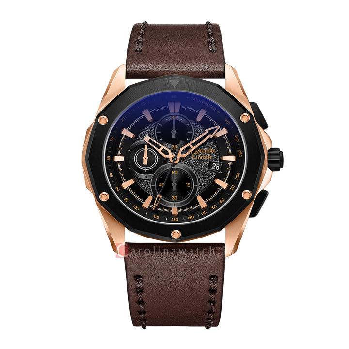 Jam Tangan Alexandre Christie Chronograph AC 6663 MCLBRBA Men Black Glitter Dial Brown Leather Strap