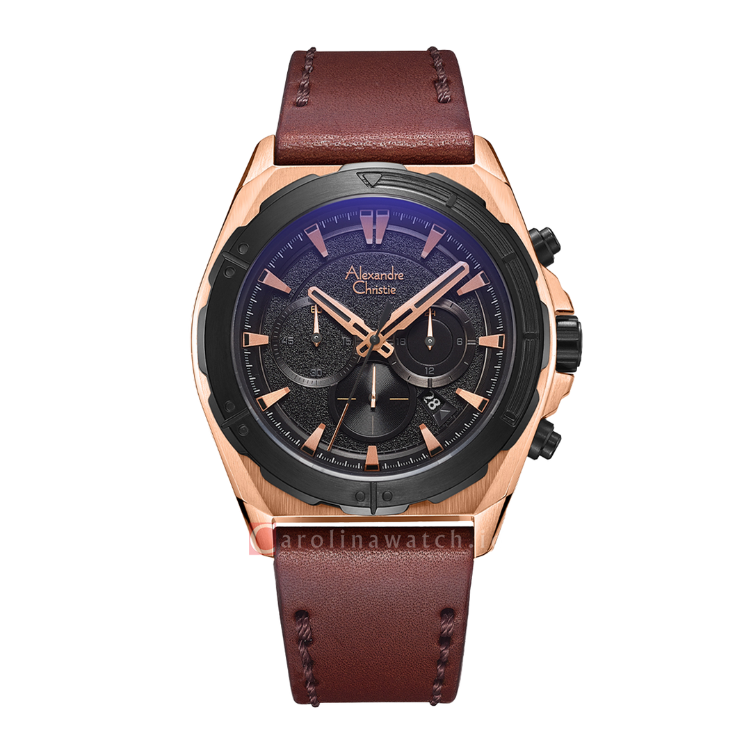 Jam Tangan Alexandre Christie Chronograph AC 6664 MCLBRBA Men Black Dial Brown Leather Strap