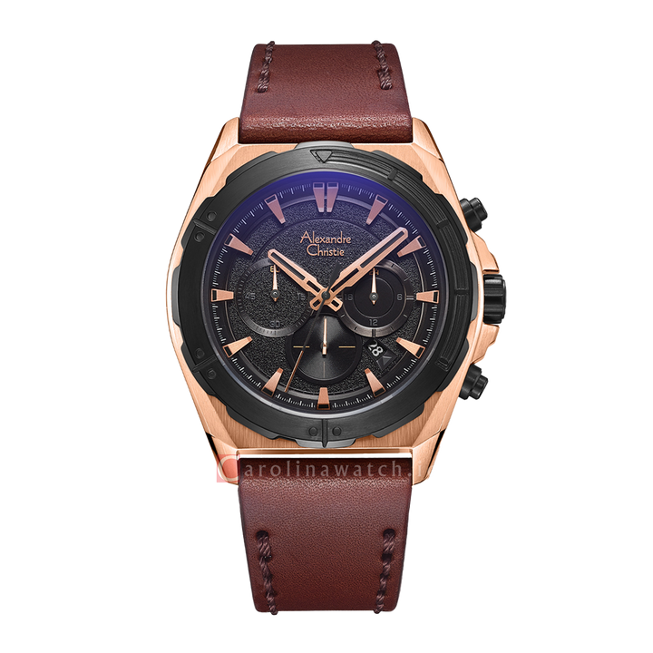 Jam Tangan Alexandre Christie Chronograph AC 6664 MCLBRBA Men Black Dial Brown Leather Strap