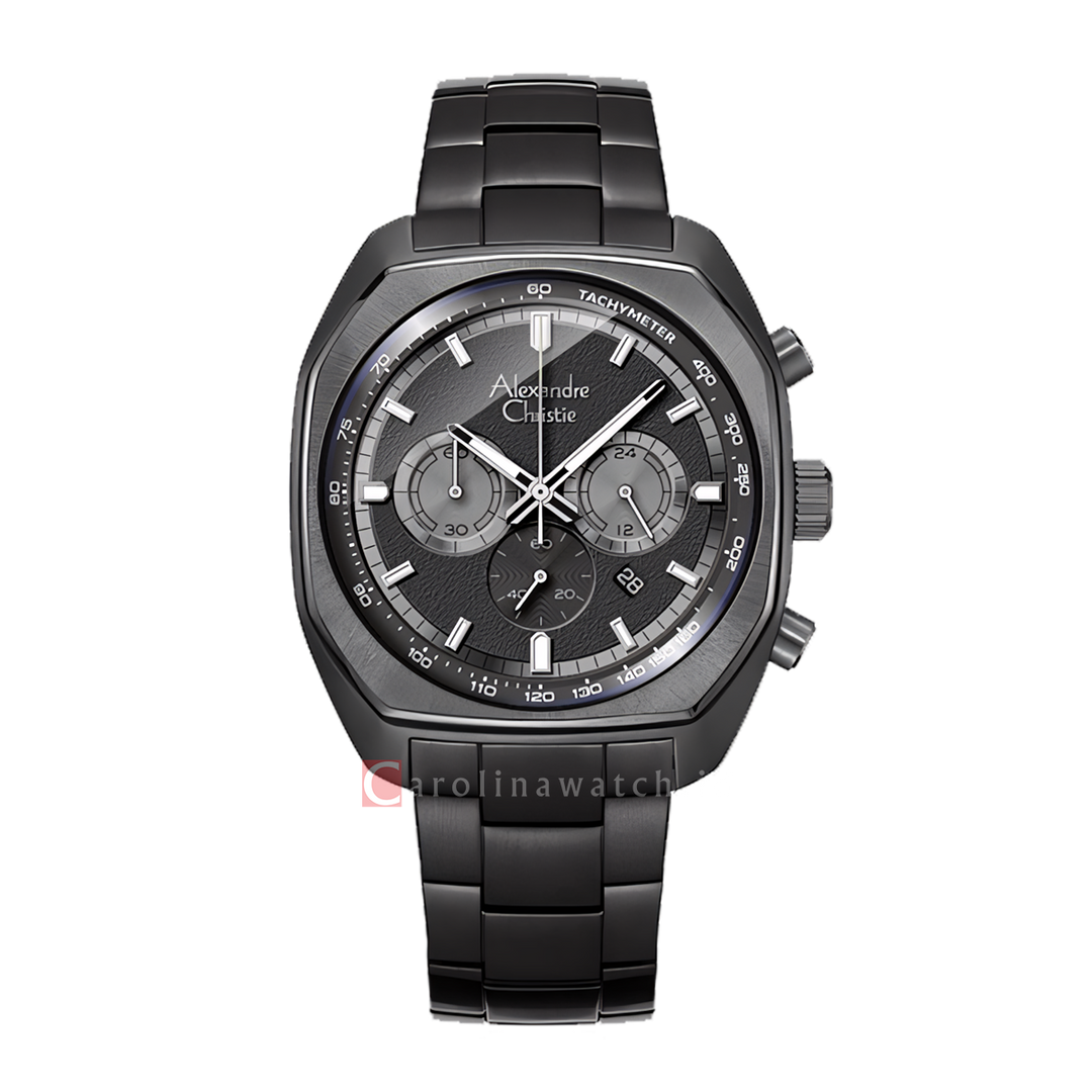 Jam Tangan Alexandre Christie Chronograph AC 6666 MCBEPBASL Men Black Dial Black Stainless Steel Strap