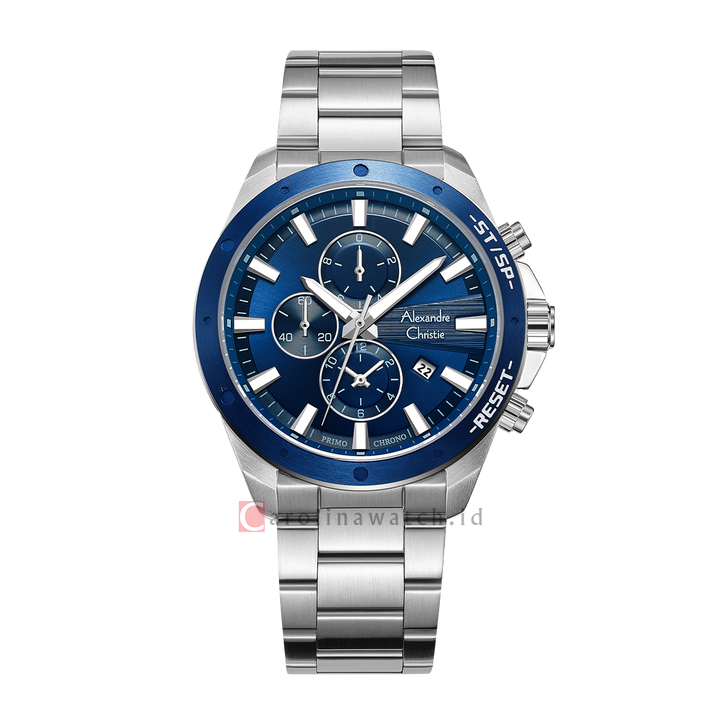 Jam Tangan Alexandre Chronograph Christie AC 6669 MCBTUBU Men Blue Dial Stainless Steel Strap