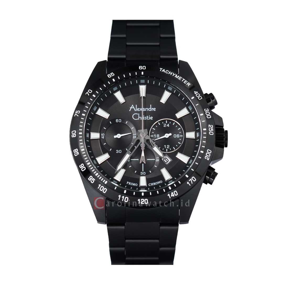 Jam Tangan Alexandre Christie Primo Chronograph AC 6671 MCBIPBA Men Black Dial Black Stainless Steel Strap