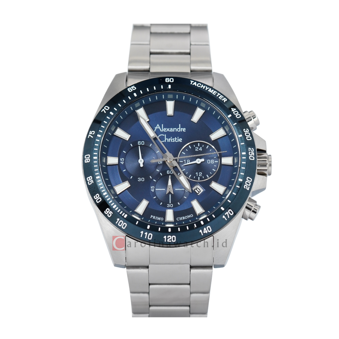 Jam Tangan Alexandre Christie Primo Chronograph AC 6671 MCBTUBU Men Blue Dial Stainless Steel Strap