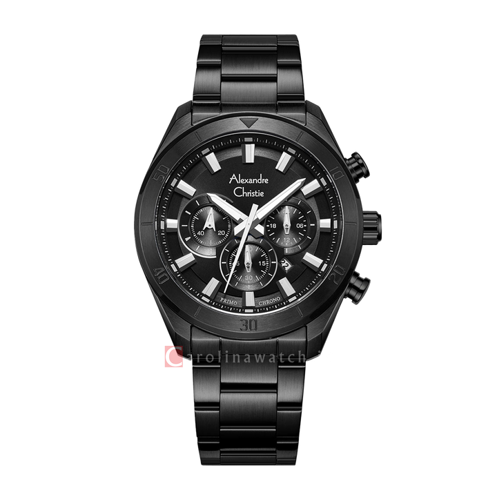 Jam Tangan Alexandre Christie Chronograph AC 6672 MCBIPBA Men Black Dial Black Stainless Steel Strap