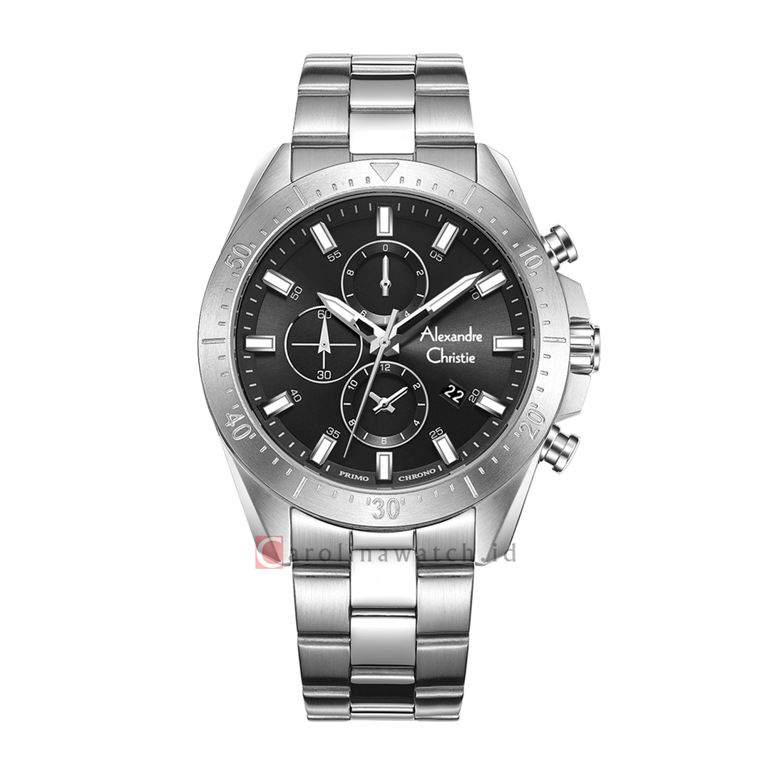 Jam Tangan Alexandre Christie Chronograph AC 6673 MCBSSBA Men Black Dial Stainless Steel Strap