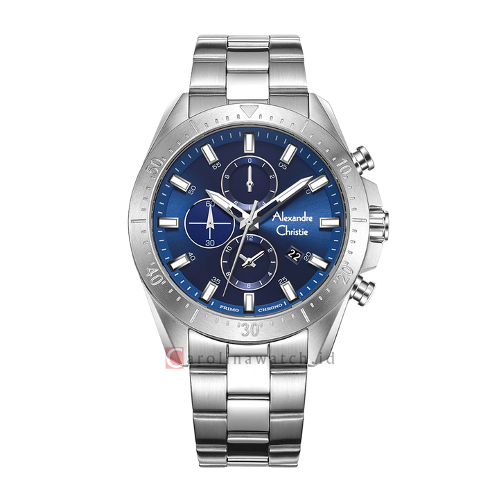 Jam Tangan Alexandre Christie Chronograph AC 6673 MCBSSBU Men Blue Dial Stainless Steel Strap