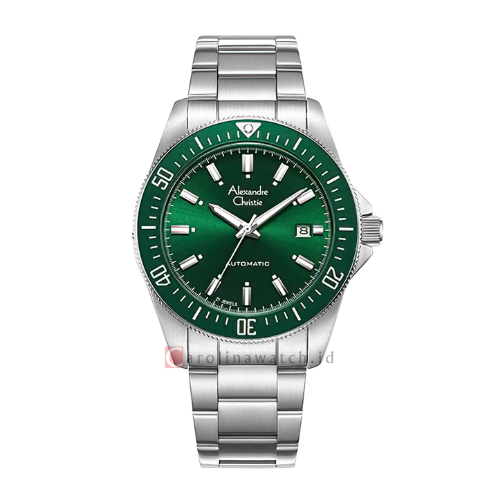 Jam Tangan Alexandre Christie AC 6676 MABSSGN Automatic Men Green Dial Stainless Steel Strap