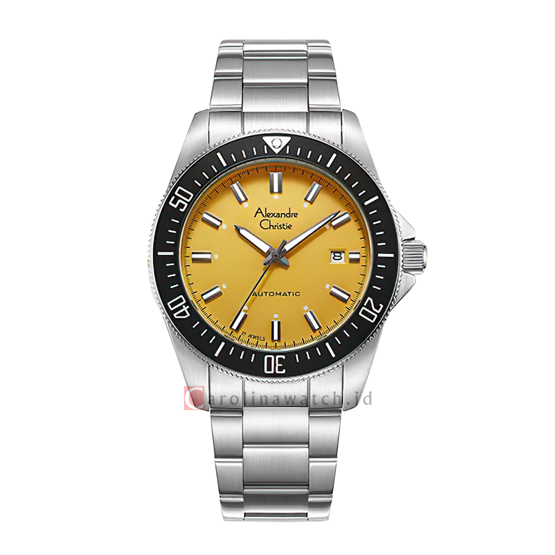 Jam Tangan Alexandre Christie AC 6676 MABSSYL Automatic Men Yellow Dial Stainless Steel Strap