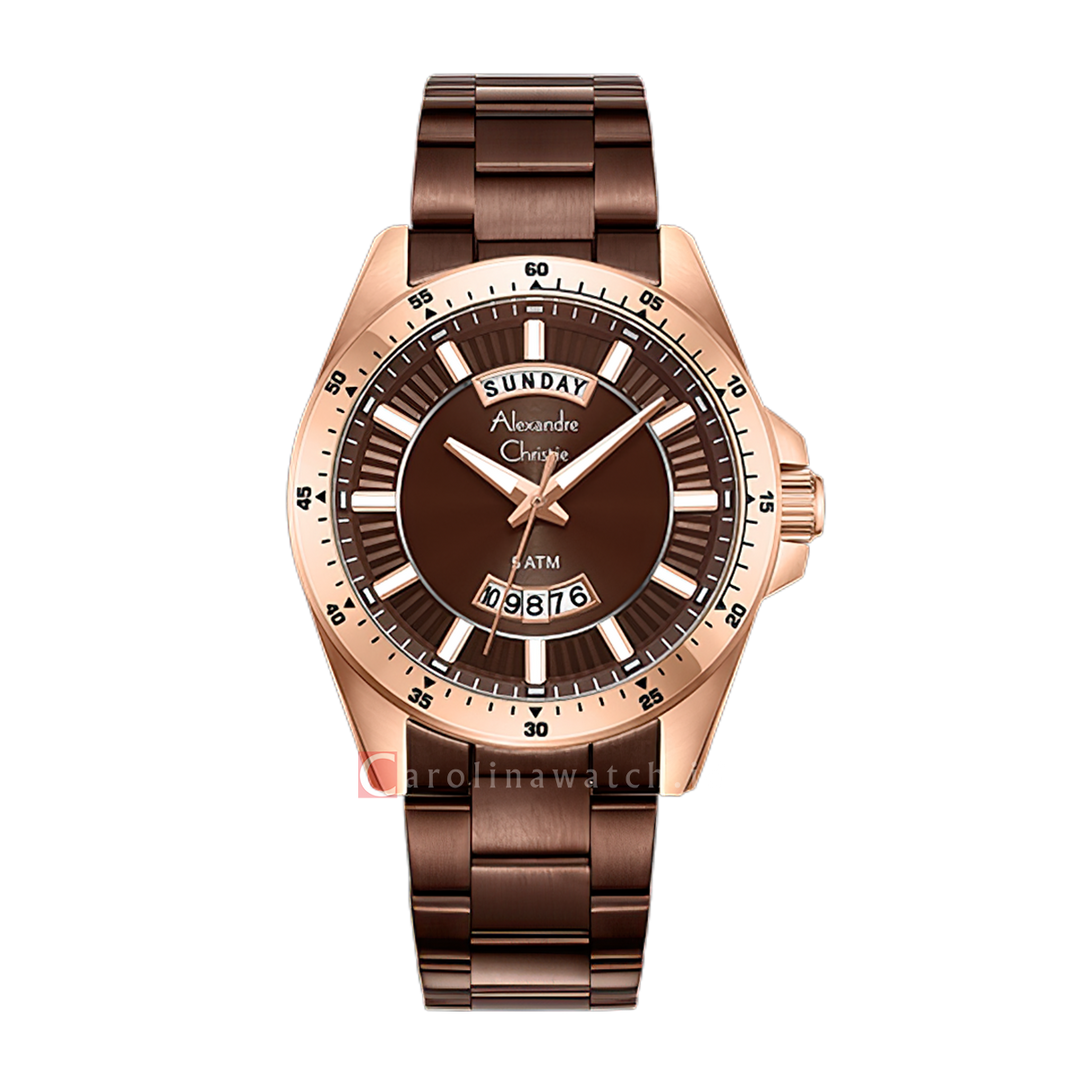 Jam Tangan Alexandre Christie AC 6678 MEBROBO Men Brown Dial Brown Stainless Steel Strap
