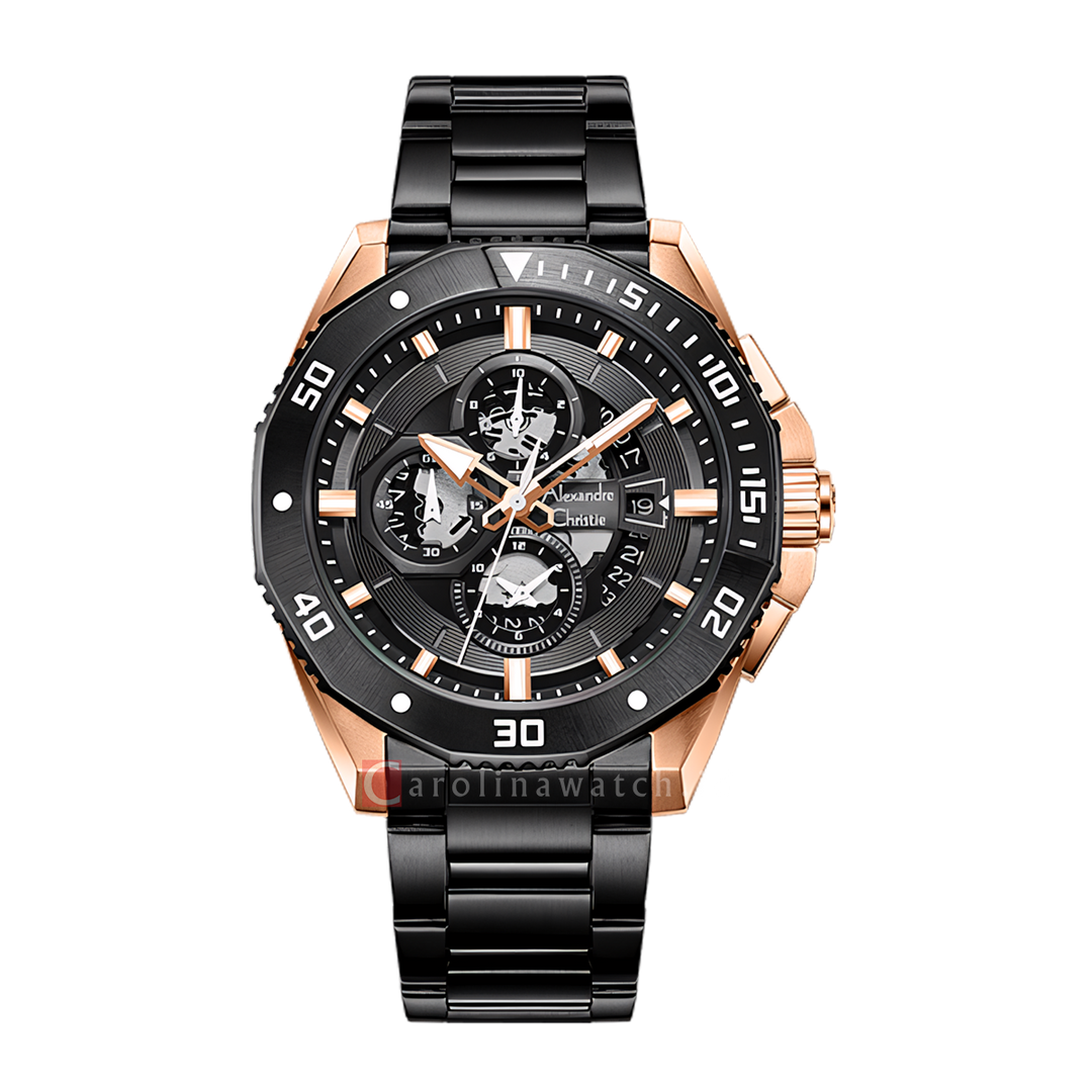 Jam Tangan Alexandre Christie AC 6679 MCBBRBA Men Black Dial Black Stainless Steel Strap