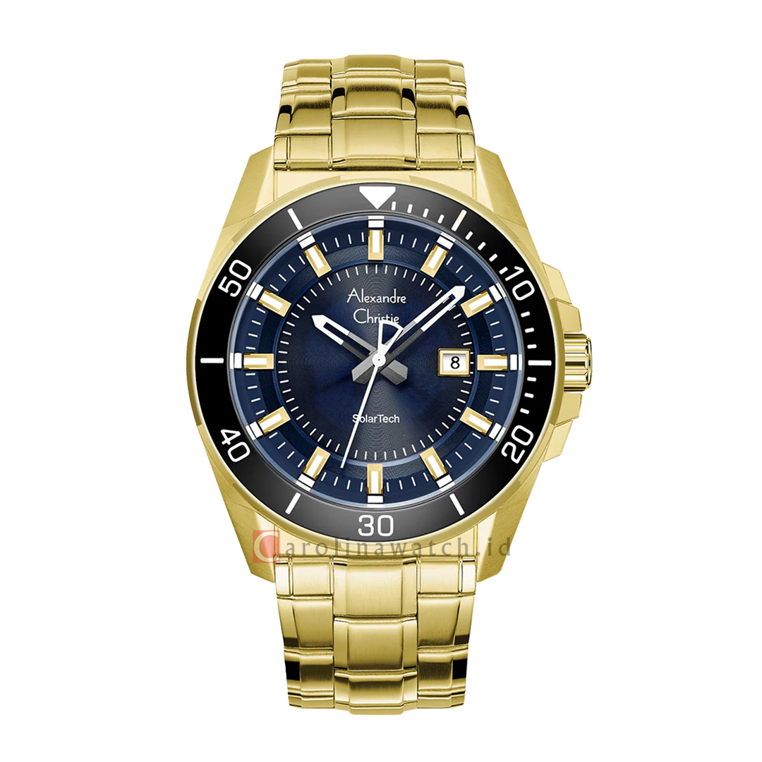 Jam Tangan Alexandre Christie AC 6680 MDBGBBU Men Solar Tech Blue Dial Gold Stainless Steel Strap