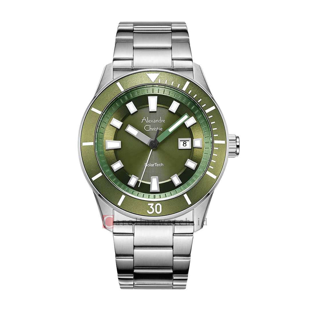 Jam Tangan Alexandre Christie AC 6681 MDBSSGN Men Solar Tech Green Dial Stainless Steel Strap