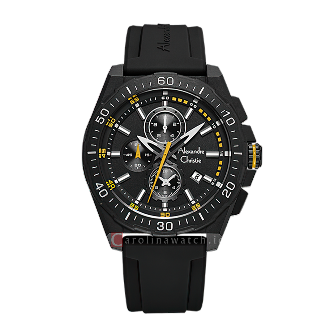 Jam Tangan Alexandre Christie AC 6689 MCRIPBAOR Men Black Dial Black Rubber Strap