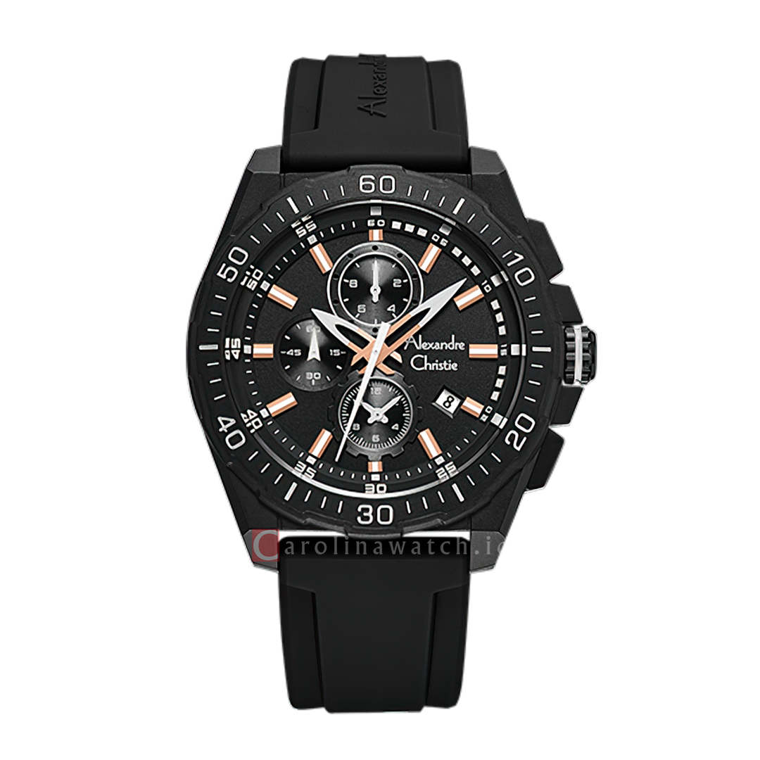 Jam Tangan Alexandre Christie AC 6689 MCRIPBARG Men Black Dial Black Rubber Strap