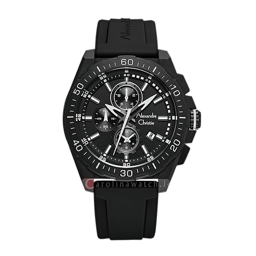 Jam Tangan Alexandre Christie AC 6689 MCRIPBA Men Black Dial Black Rubber Strap