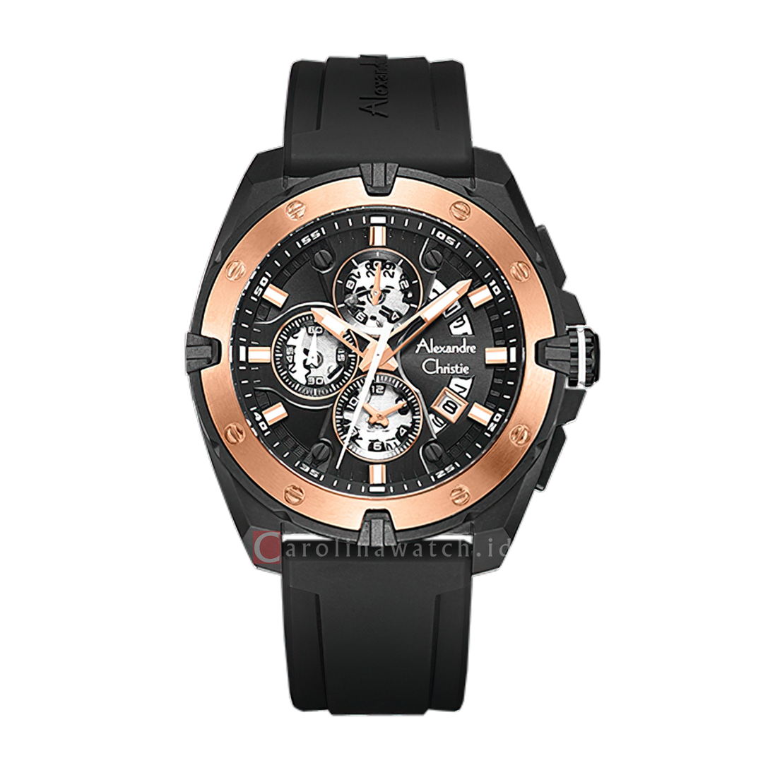 Jam Tangan Alexandre Christie AC 6693 MCRBRBA Men Black Dial Black Rubber Strap