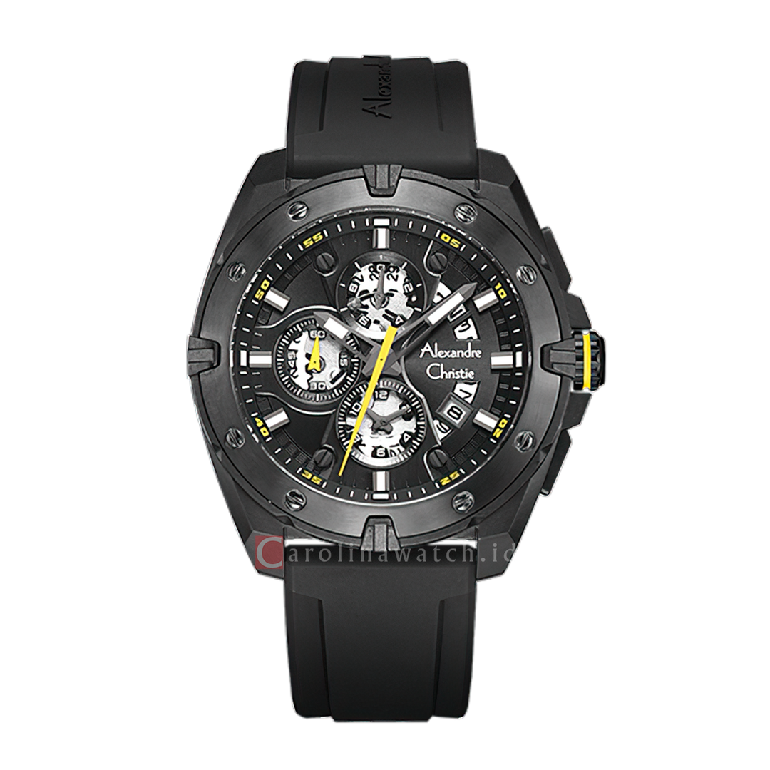 Jam Tangan Alexandre Christie AC 6693 MCREPBAYL Men Black Dial Black Rubber Strap