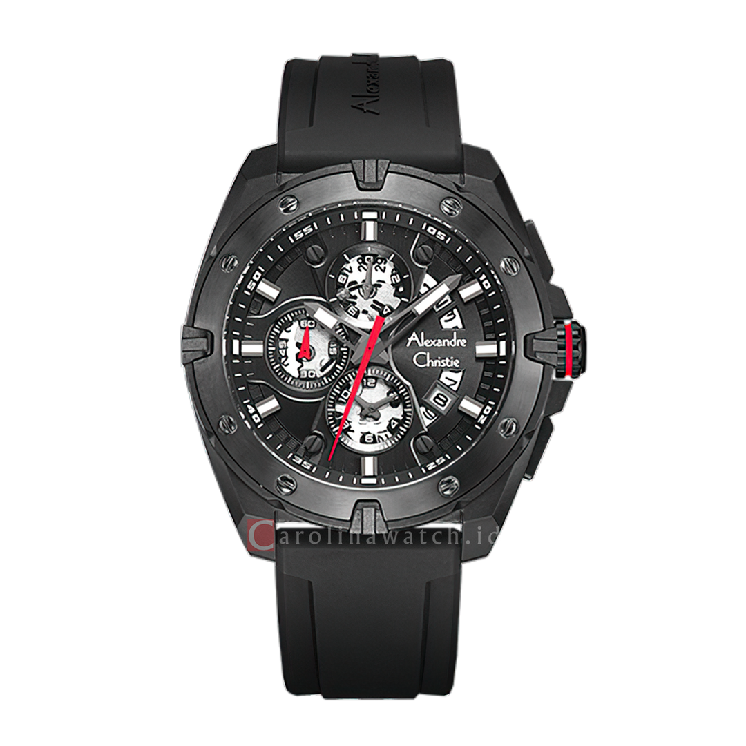 Jam Tangan Alexandre Christie AC 6693 MCREPBA Men Black Dial Black Rubber Strap