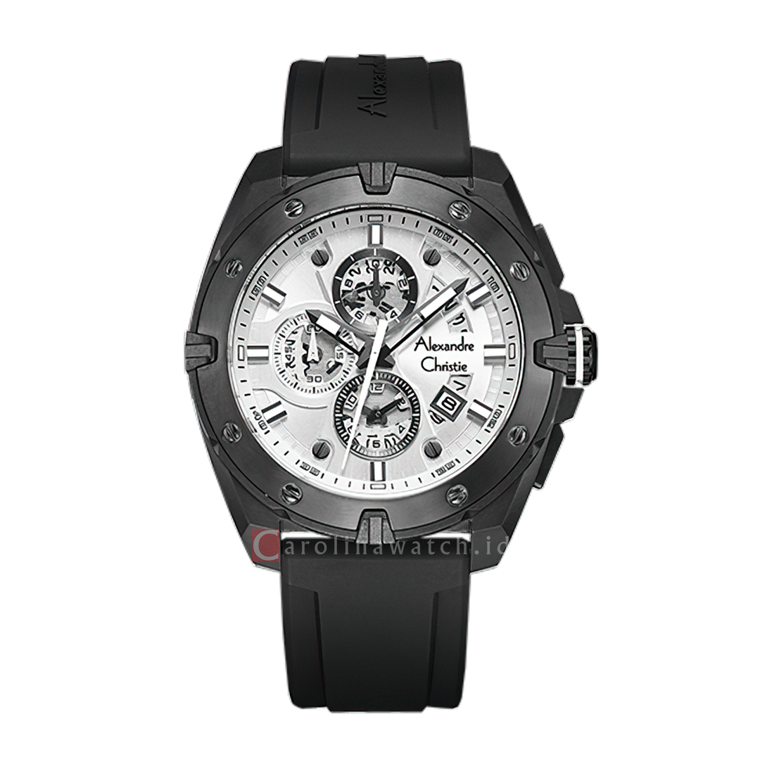 Jam Tangan Alexandre Christie AC 6693 MCREPSL Men Silver White Dial Black Rubber Strap