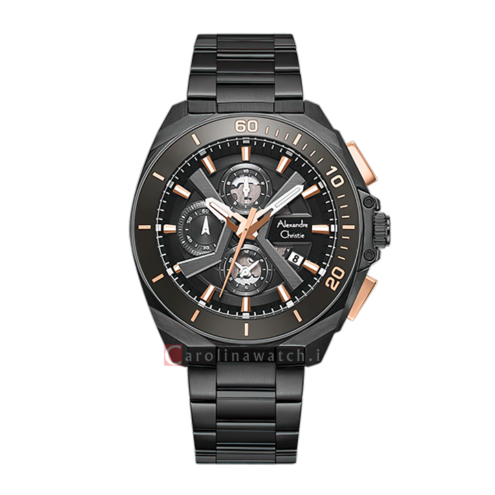 Jam Tangan Alexandre Christie Chronograph AC 6695 MCFEPBARG Men Black Dial SIlver Stainless Steel Strap