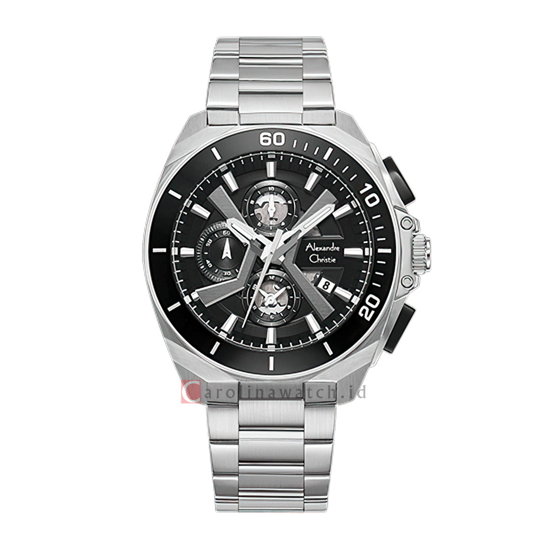 Jam Tangan Alexandre Christie Chronograph AC 6695 MCFTBBA Men Black Dial SIlver Stainless Steel Strap