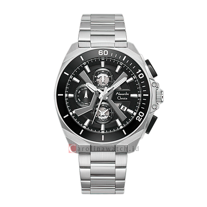 Jam Tangan Alexandre Christie Chronograph AC 6695 MCFTBBA Men Black Dial SIlver Stainless Steel Strap
