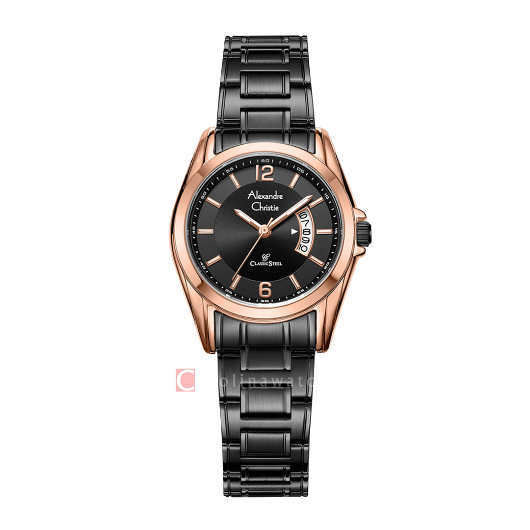 Jam Tangan Alexandre Christie Classic Steel AC 8289 LDBBRBA Women Black Dial Black Stainless Steel Strap