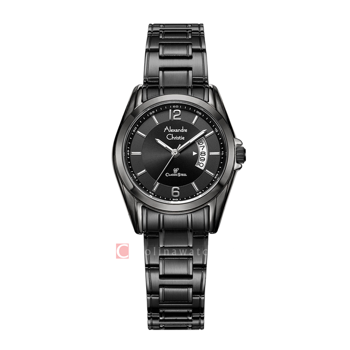 Jam Tangan Alexandre Christie Classic Steel AC 8289 LDBIPBA Women Black Dial Black Stainless Steel Strap