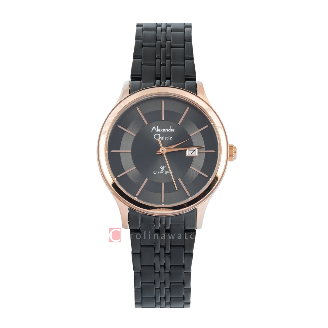 Jam Tangan Alexandre Christie Classic Steel AC 8348 LDBBRBA Women Black Dial Black Stainless Steel Strap