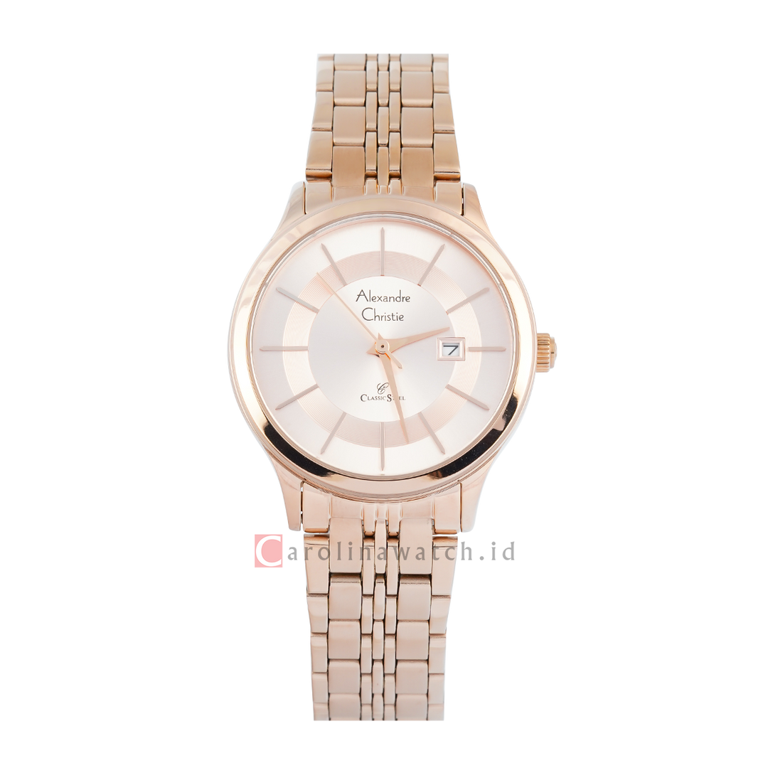 Jam Tangan Alexandre Christie Classic Steel AC 8348 LDBRGLN Women Rose Dial Rose Gold Stainless Steel Strap