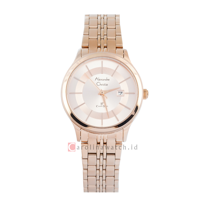 Jam Tangan Alexandre Christie Classic Steel AC 8348 LDBRGLN Women Rose Dial Rose Gold Stainless Steel Strap