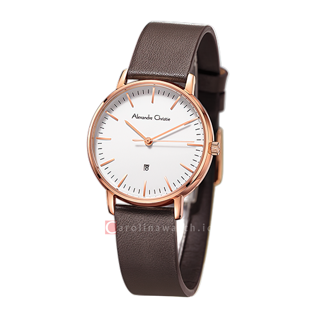 Jam Tangan Alexandre Christie Classic AC 8420 LDLRGSL Women White Dial Brown Leather Strap