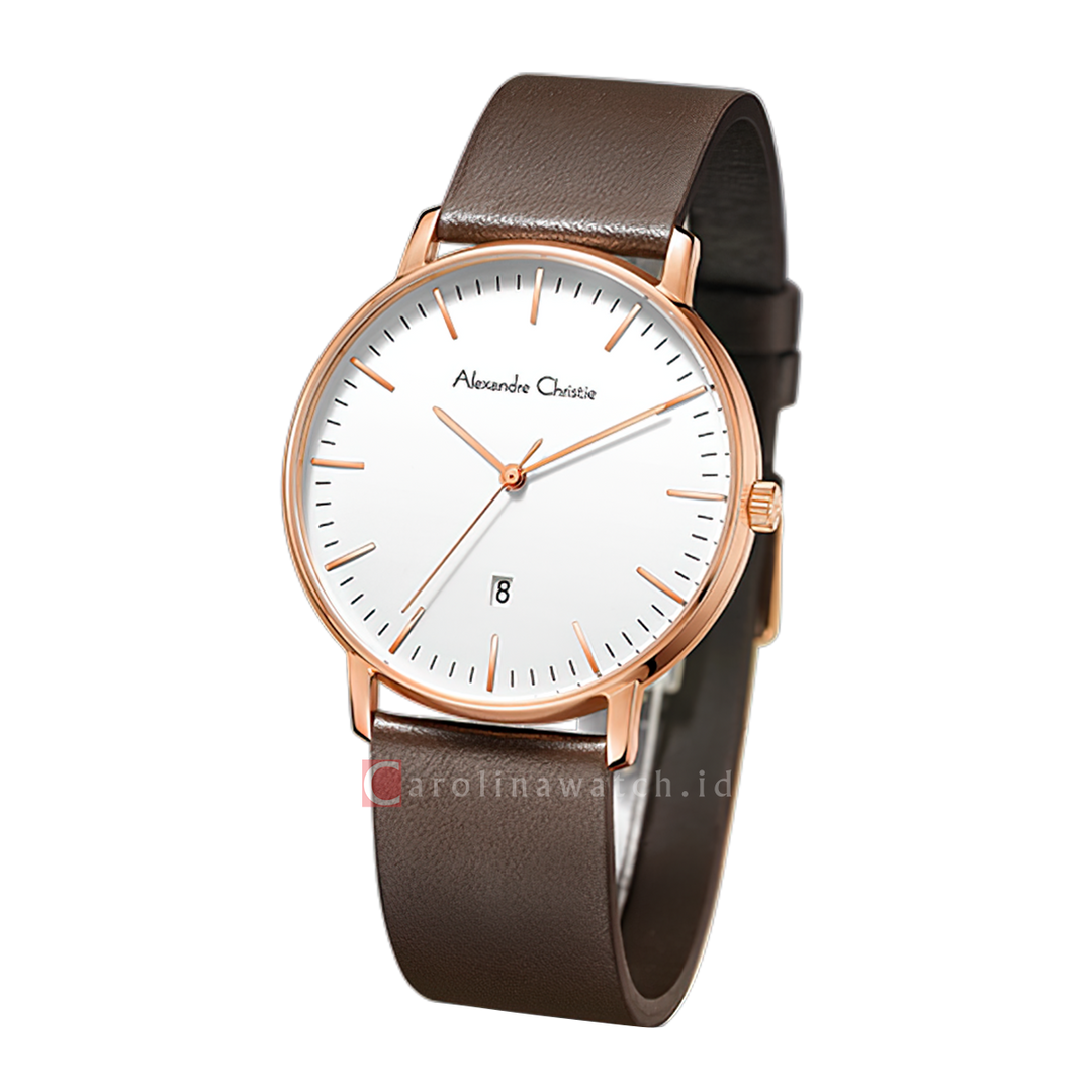 Jam Tangan Alexandre Christie Classic AC 8420 MDLRGSL Men White Dial Brown Leather Strap