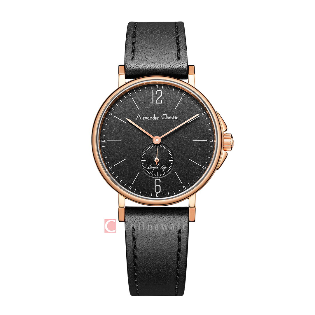 Jam Tangan Alexandre Christie AC 8458 LSLRGBA Women Black Dial Black Leather Strap