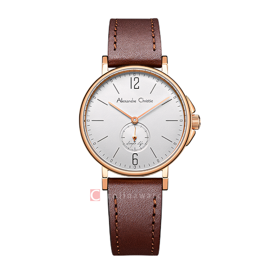 Jam Tangan Alexandre Christie AC 8458 LSLRGSL Women Silver White Dial Brown Leather Strap