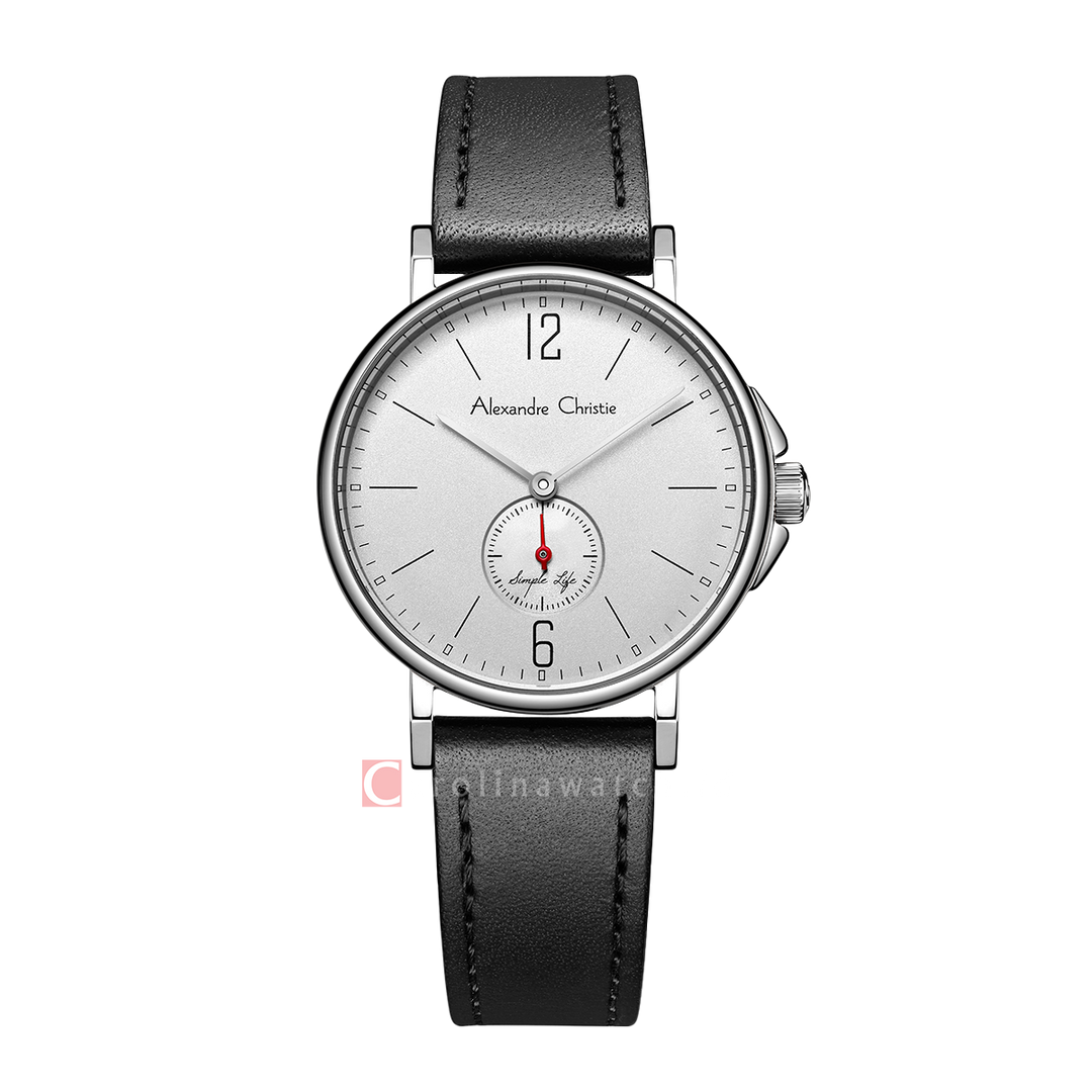 Jam Tangan Alexandre Christie AC 8458 LSLSSSL Women Silver White Dial Black Leather Strap