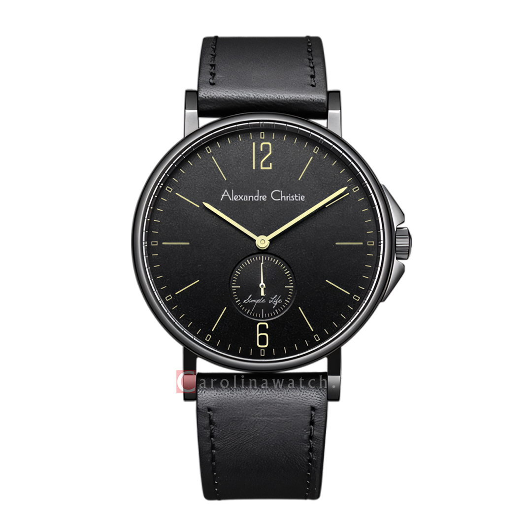 Jam Tangan Alexandre Christie AC 8458 MSLIPBAIV Men Black Dial Black Leather Strap