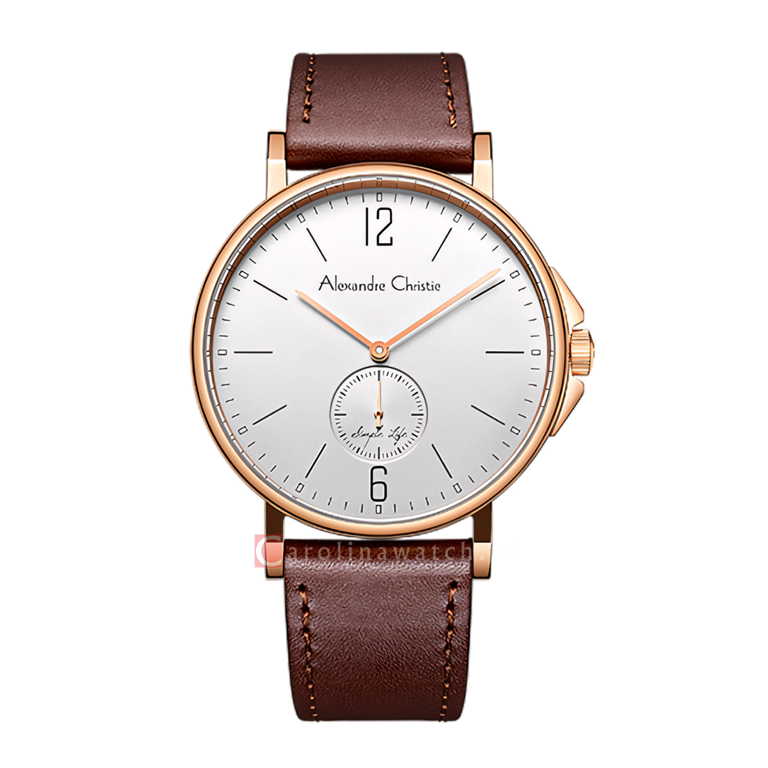 Jam Tangan Alexandre Christie AC 8458 MSLRGSL Men Silver White Dial Brown Leather Strap