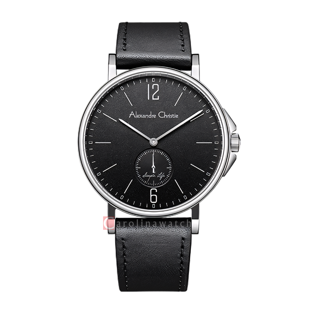 Jam Tangan Alexandre Christie AC 8458 MSLSSBA Men Black Dial Black Leather Strap