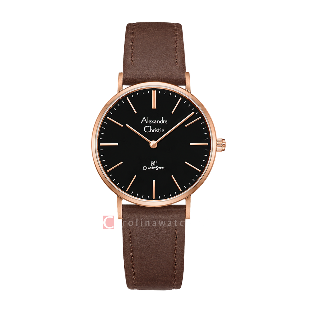 Jam Tangan Alexandre Christie Classic Steel AC 8490 LHLRGBA Women Black Dial Brown Leather Strap