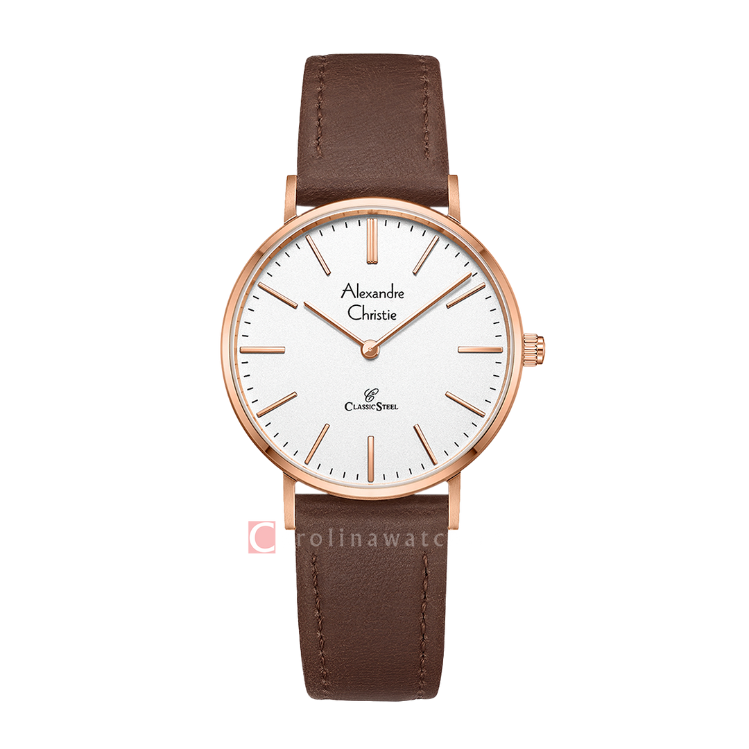 Jam Tangan Alexandre Christie Classic Steel AC 8490 LHLRGSL Women Silver Dial Brown Leather Strap