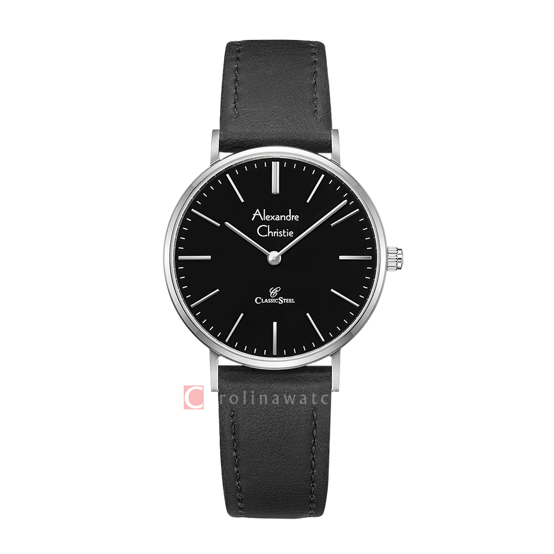 Jam Tangan Alexandre Christie Classic Steel AC 8490 LHLSSBA Women Black Dial Black Leather Strap