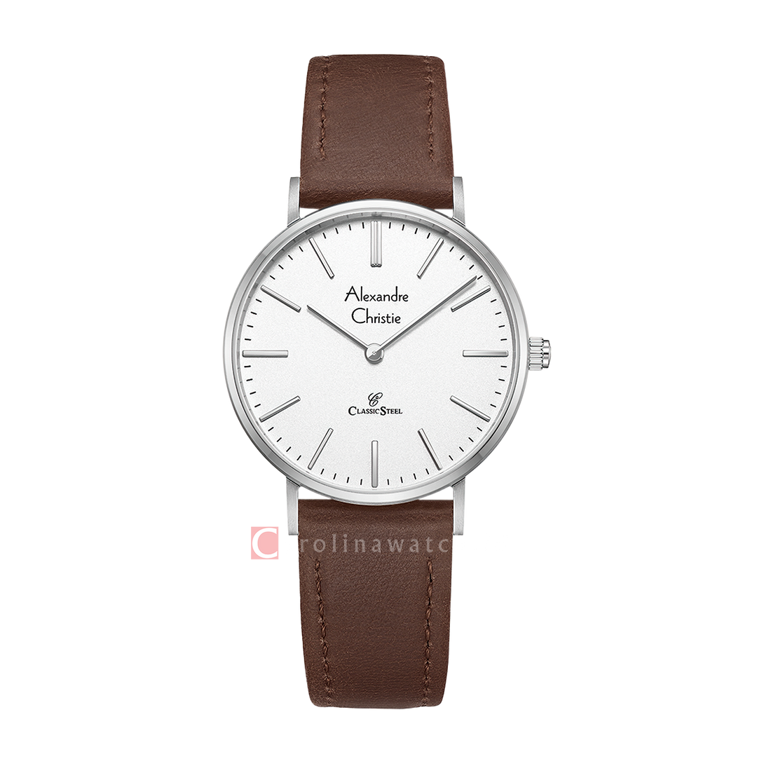 Jam Tangan Alexandre Christie Classic Steel AC 8490 LHLSSSL Women Silver Dial Brown Leather Strap