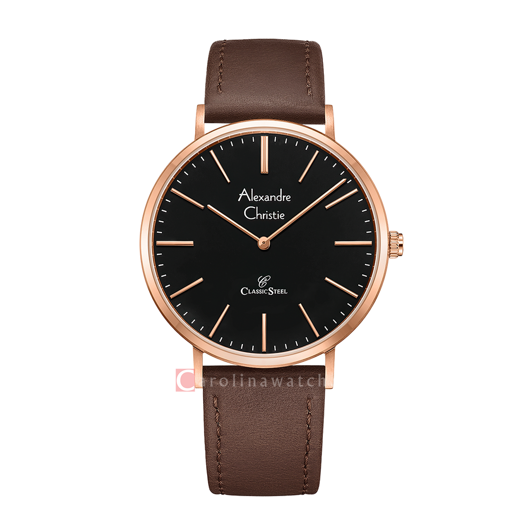 Jam Tangan Alexandre Christie Classic Steel AC 8490 MHLRGBA Men Black Dial Brown Leather Strap