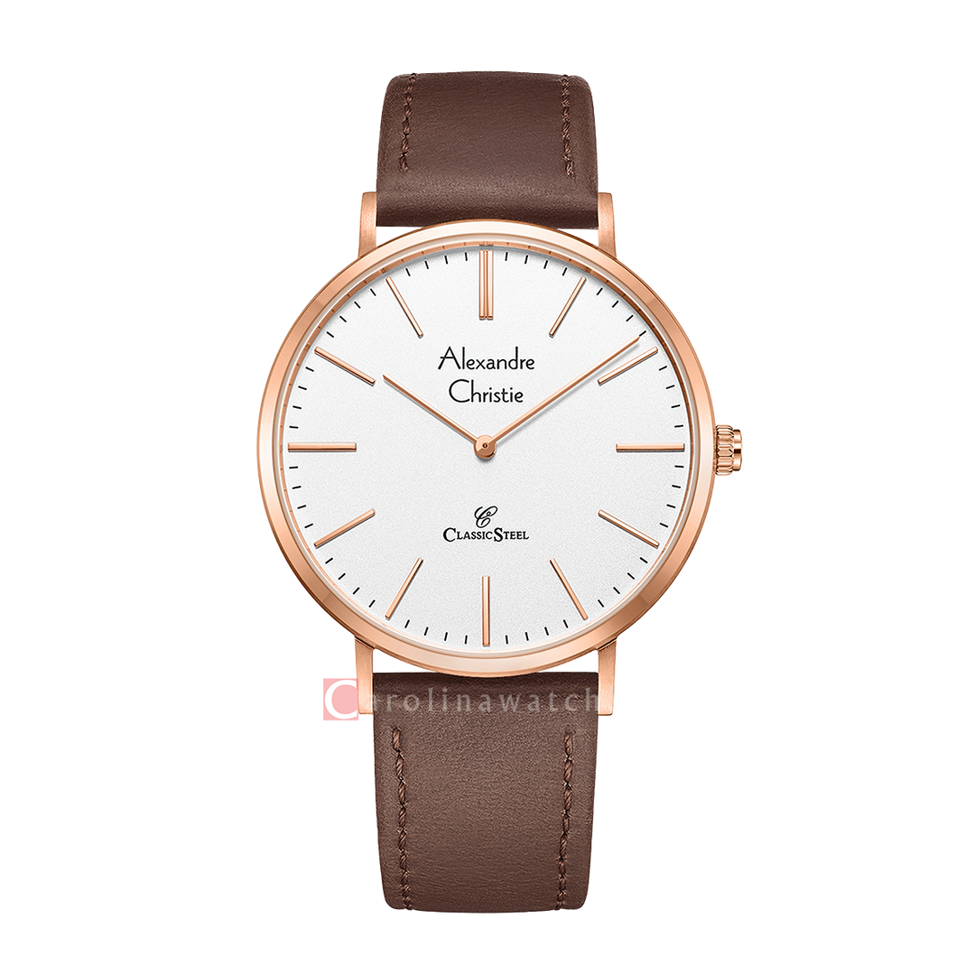 Jam Tangan Alexandre Christie Classic Steel AC 8490 MHLRGSL Men White Dial Brown Leather Strap