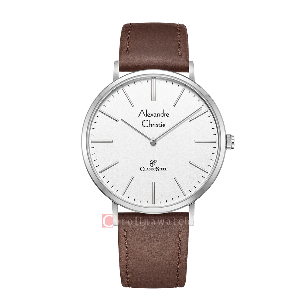 Jam Tangan Alexandre Christie Classic Steel AC 8490 MHLSSSL Men White Dial Brown Leather Strap