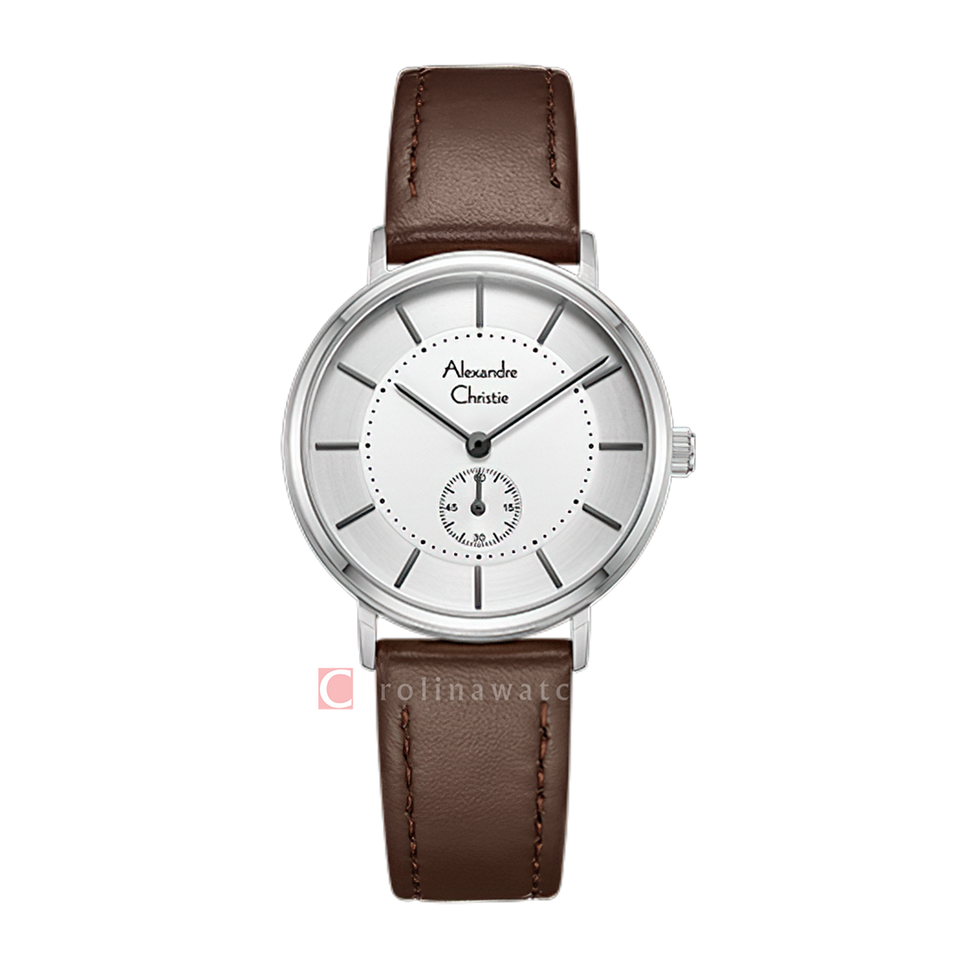 Jam Tangan Alexandre Christie Classic AC 8493 LSLSSSL Women Silver Dial Brown Leather Strap