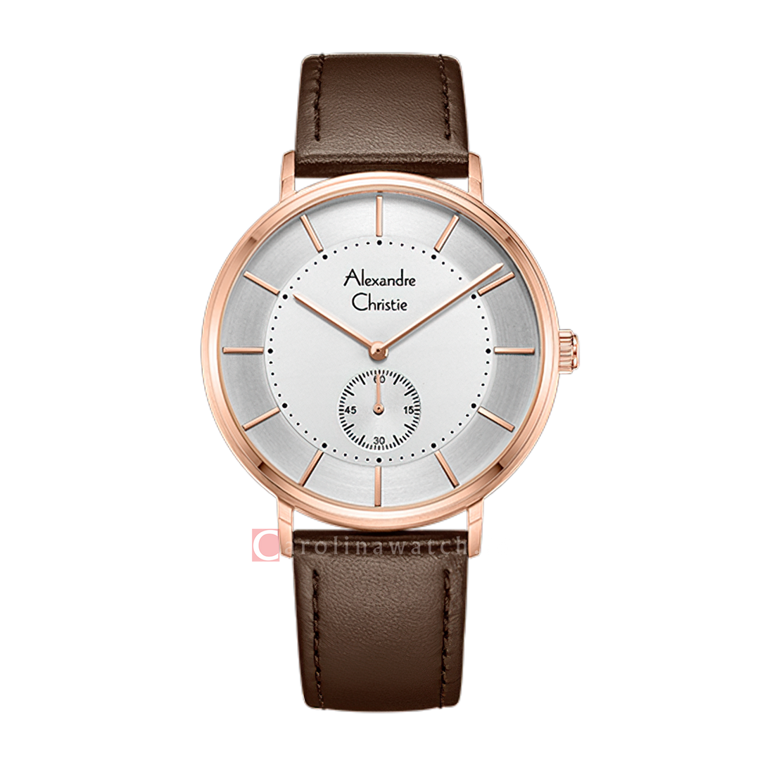 Jam Tangan Alexandre Christie Classic AC 8493 MSLRGSL Men Silver Dial Brown Leather Strap